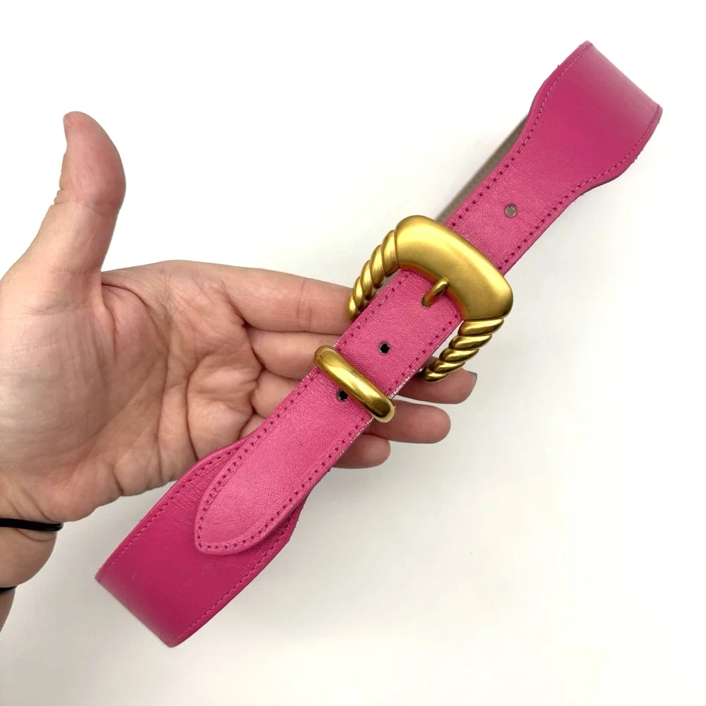 Vintage 80s Hot Pink Genuine Leather Brass Buckle Waist Belt M 26-29